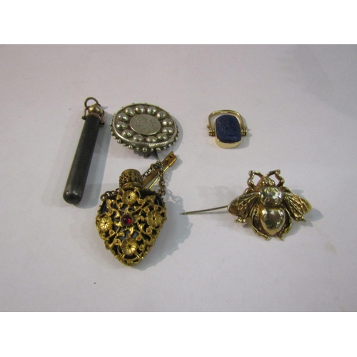 4408 - A small collection of bijouterie; perfume brooch, swivel lapis lazuli fob marked 