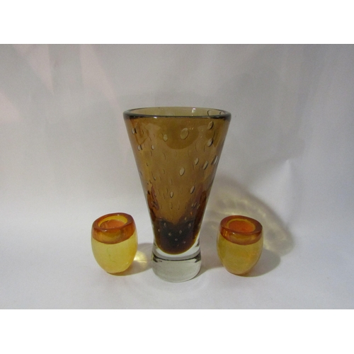 4268 - A pair of Art glass amber candle holders together with a Milan Metalak Harrachov vase with bubble de... 