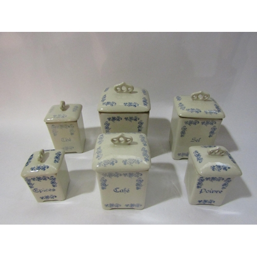 4275 - A graduating set of French ceramic canisters, Farine, Epices, Sel, etc,  tallest 16cm