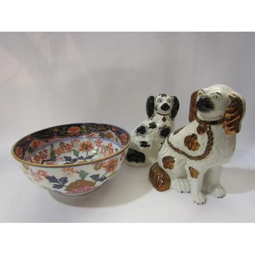 4285 - Two Staffordshire dogs, one with open leg together with an 20th Century Oriental fruit bowl, 25.5cm ... 