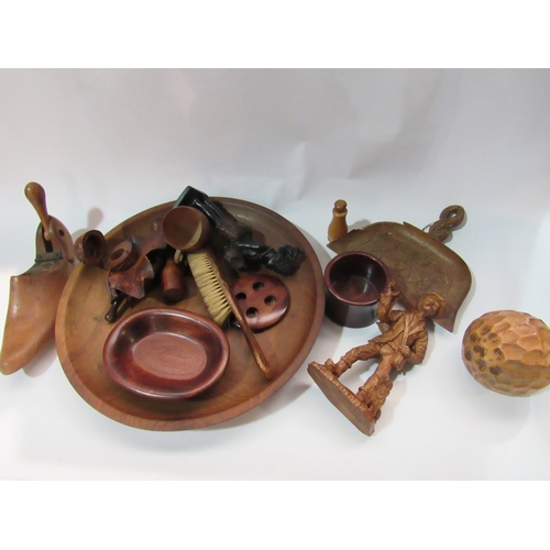 4298 - A circular wooden dish containing a selection of treen, including an ink stand