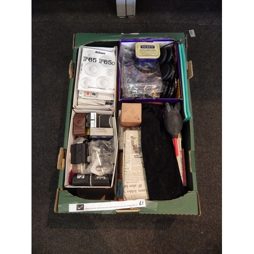 5087 - A box of photo accessories includin glass plates, lens hoods, tripod, instruction leaflets