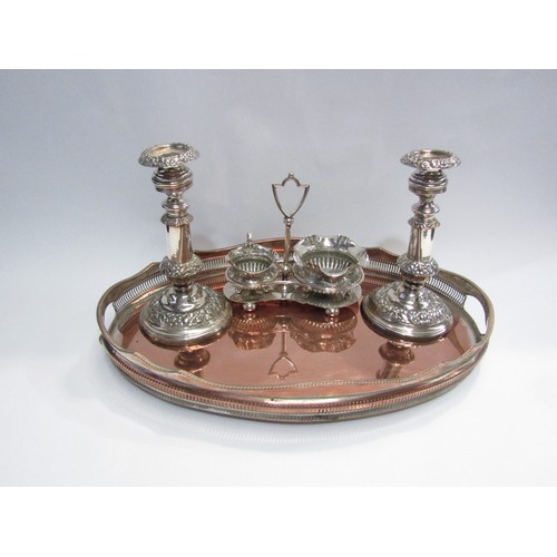 4141 - A pair of plated on copper extending candlesticks, a plated cream jug and sugar bowl on stand and an... 