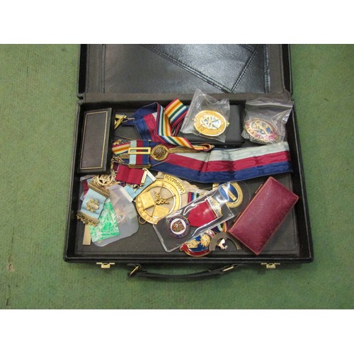 4316 - Three briefcases containing a large quantity of Masonic items including silver and enamel medals, re... 