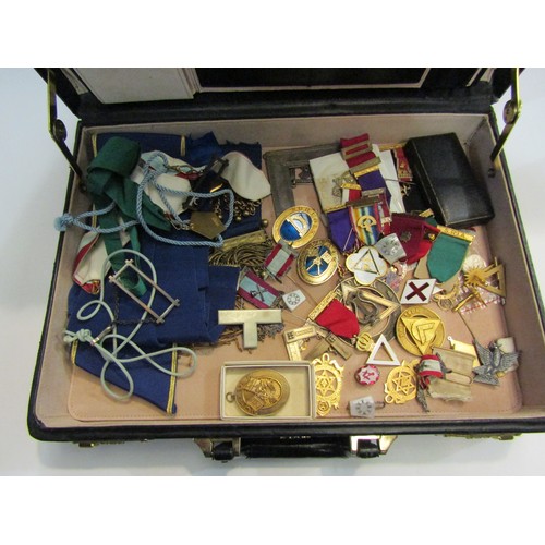 4318 - A box and a suitcase containing a large quantity of Masonic items including medals, silver gilt and ... 