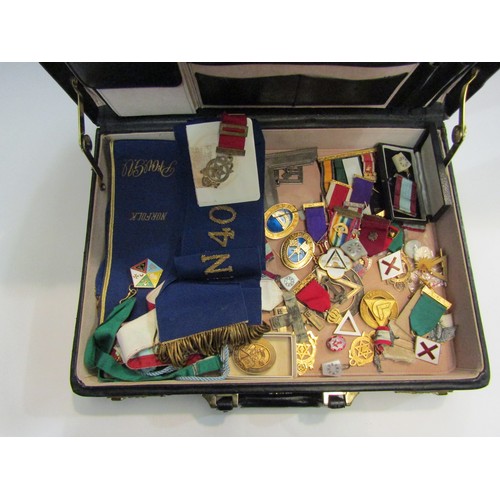 4318 - A box and a suitcase containing a large quantity of Masonic items including medals, silver gilt and ... 