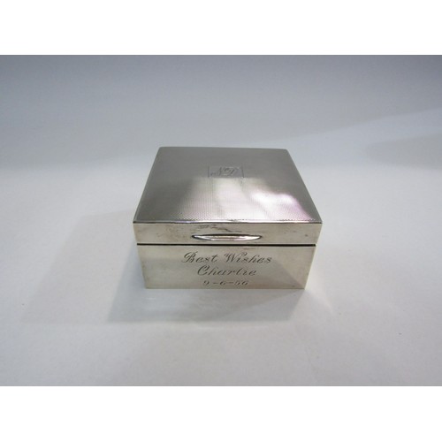 4327 - A silver cigarette box, engine-turned with engraved personalisation, 8.5cm x 8.5cm x 4.5cm, marks ru... 