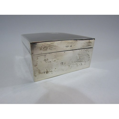 4327 - A silver cigarette box, engine-turned with engraved personalisation, 8.5cm x 8.5cm x 4.5cm, marks ru... 