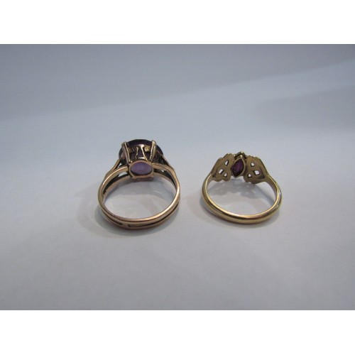 4337 - Two gold rings, one marked 9ct gold, each set with a purple colour stone, 7.1g