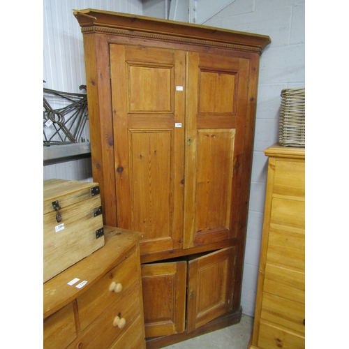 2343 - A 19th Century pine full height corner cupboard with panelled doors and dentil moulded top