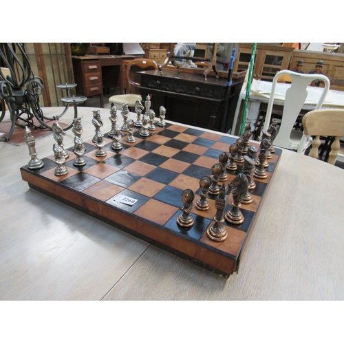 2268 - A vintage leather top chessboard with metal pieces