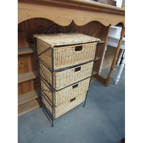 2297 - A wicker four drawer unit, luggage stand and wicker clothes basket