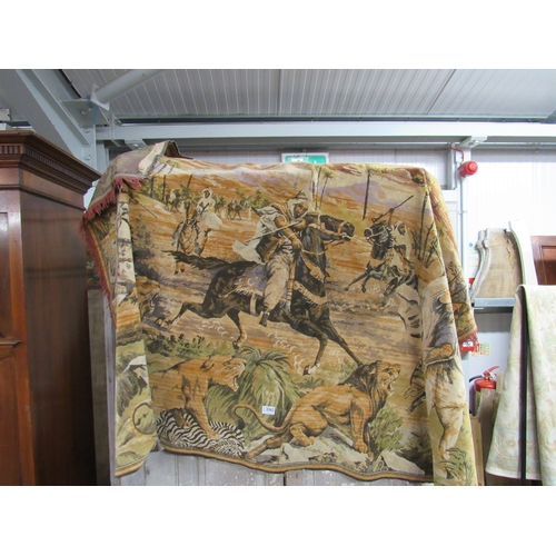 2362 - A wall hanging tapestry depicting mounted riders hunting a lion     (E) £10-15