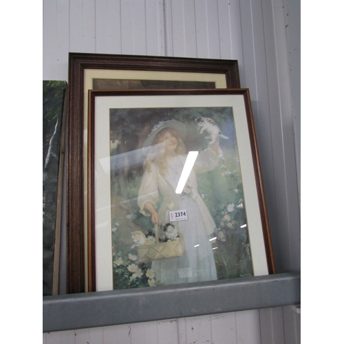 2374 - Two oak framed prints, lady with basket of kittens      (R) £0