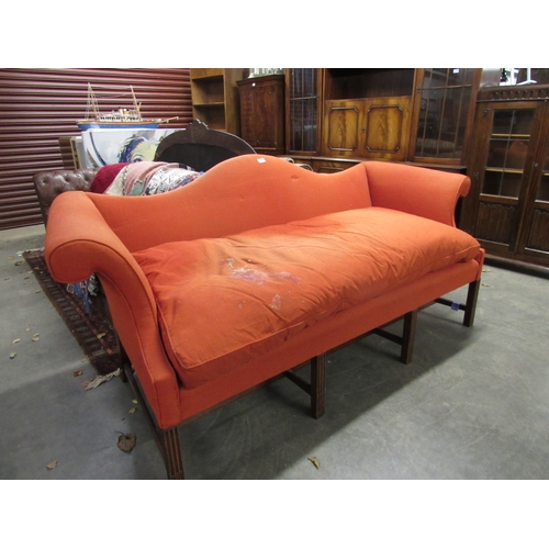 2439 - A Georgian style mahogany framed 8 leg, orange rust coloured camel back sofa with loose cushion seat... 