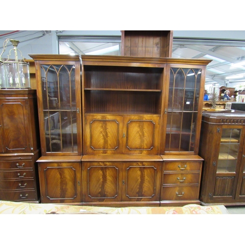 2448 - A Georgian style mahogany three section wall unit with drinks cabinet centre flanked with side cabin... 