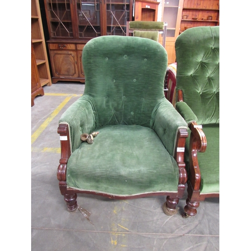 2450 - A Victorian mahogany button-back armchair, green velour upholstery   (E)  £8-12