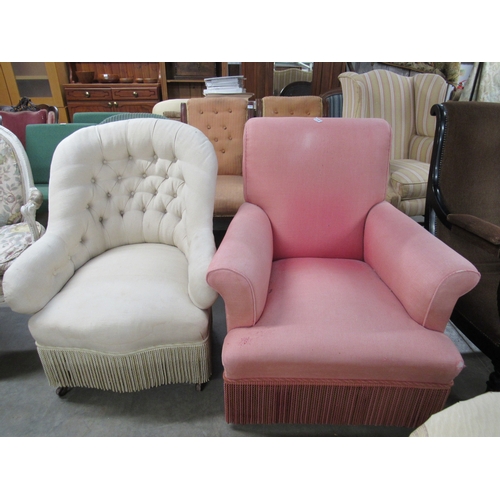 2457 - A pink armchair with tassel frieze and a white button back open armchair with tassel frieze (2)