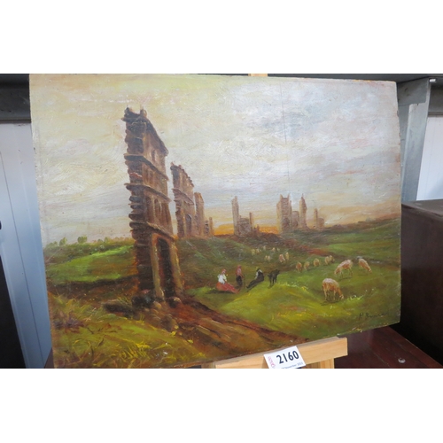 2160 - An oil on  board of castle ruin