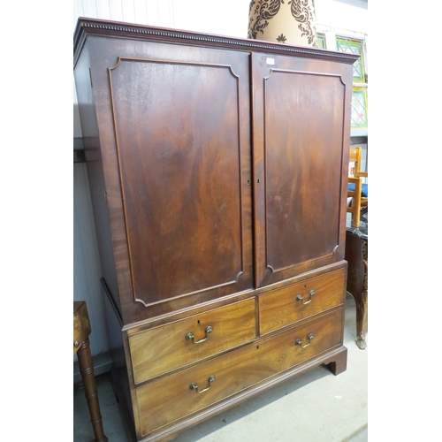 2170 - A 19th Century mahogany linen press the top wall hanging bar and tray over two over one drawer base