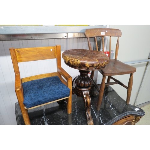 2173 - Two child's chairs including elm setaed and a leather topped piano stool