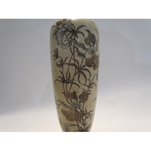 7446 - A pair of Martin Brothers stoneware vases of tall slender form, incised with birds and insects in fl... 