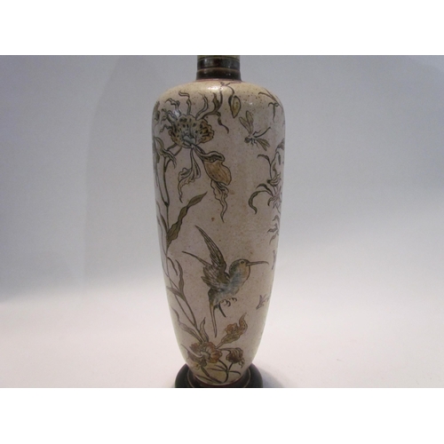 7446 - A pair of Martin Brothers stoneware vases of tall slender form, incised with birds and insects in fl... 