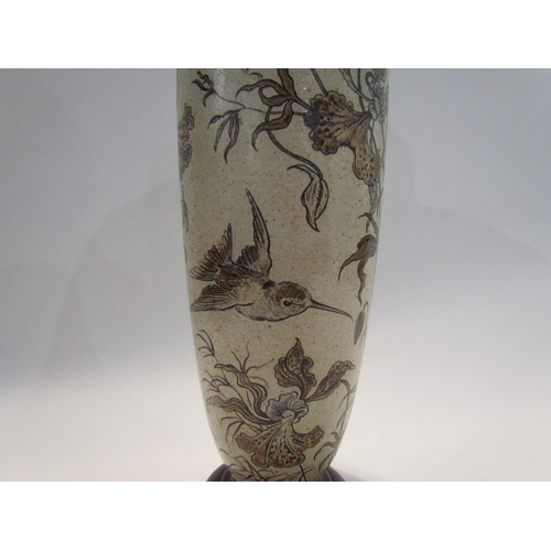 7446 - A pair of Martin Brothers stoneware vases of tall slender form, incised with birds and insects in fl... 