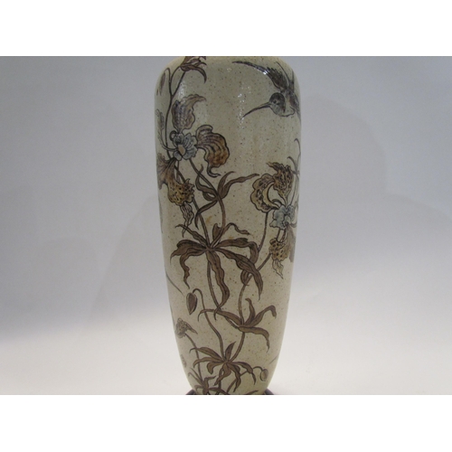 7446 - A pair of Martin Brothers stoneware vases of tall slender form, incised with birds and insects in fl... 