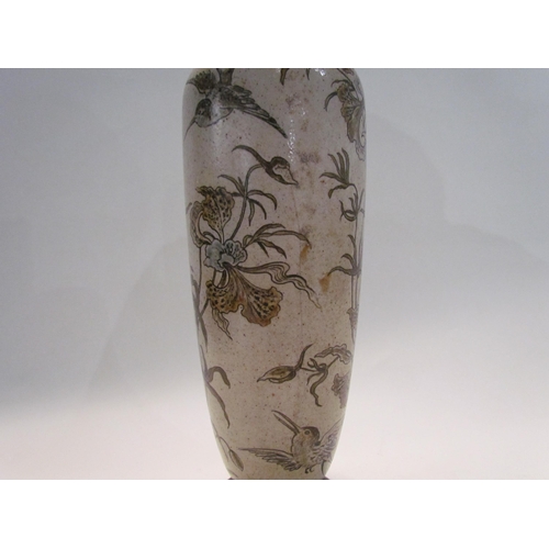 7446 - A pair of Martin Brothers stoneware vases of tall slender form, incised with birds and insects in fl... 