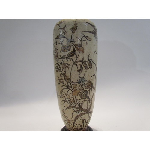 7446 - A pair of Martin Brothers stoneware vases of tall slender form, incised with birds and insects in fl... 