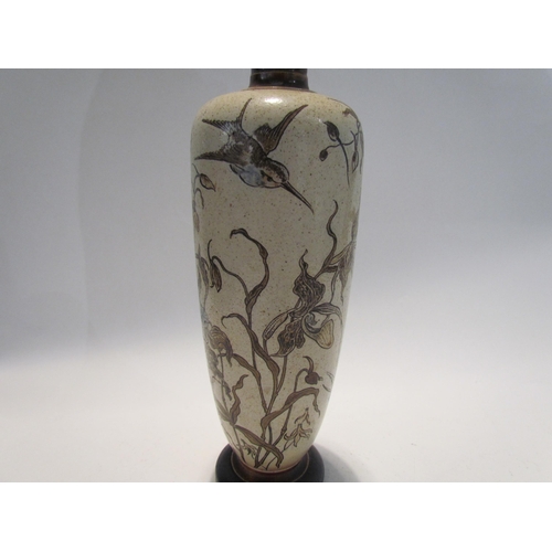 7446 - A pair of Martin Brothers stoneware vases of tall slender form, incised with birds and insects in fl... 