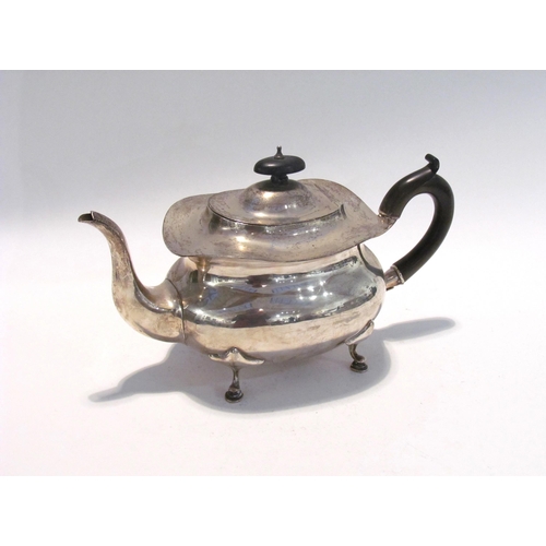 7452 - A Stewart Dawson & Co Ltd silver three piece teaset, teapot, scroll handle, hoof feet, 16cm tall x 2... 