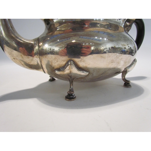 7452 - A Stewart Dawson & Co Ltd silver three piece teaset, teapot, scroll handle, hoof feet, 16cm tall x 2... 