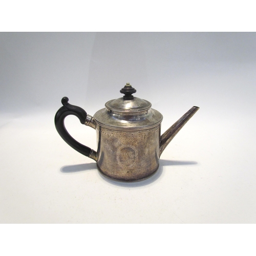 7455 - A George III silver teapot, possibly by Samuel Wood, barrel form with treen knop and handle, monogra... 