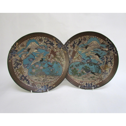 7481 - A pair of 19th Century Japanese cloisonné chargers, scenes of exotic birds, floral sprays and Mount ... 