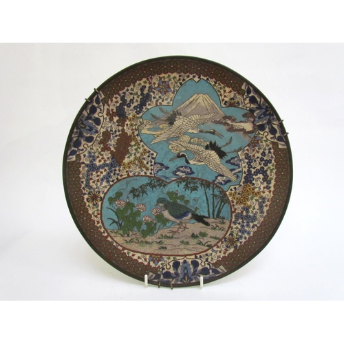 7481 - A pair of 19th Century Japanese cloisonné chargers, scenes of exotic birds, floral sprays and Mount ... 