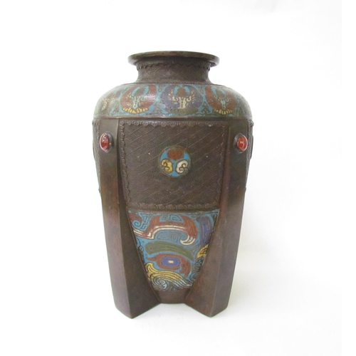 7482 - A late 19th Century Indian cloisonné vase of Art Deco form with cabochon detail, character mark to b... 