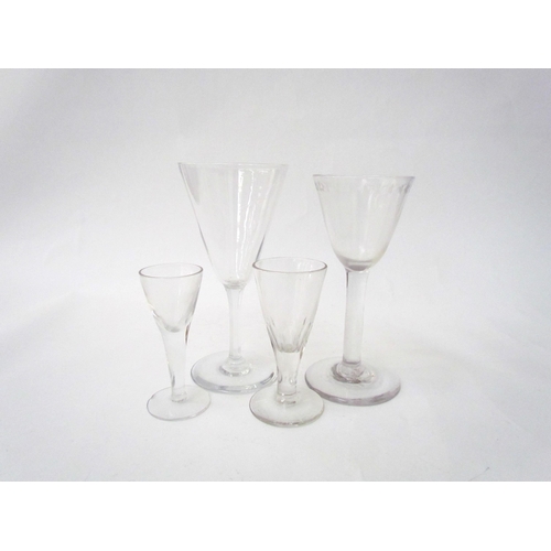 7487 - Two wine glasses one with cut glass band to rim, 16cm tall. A similar example with cut glass stem, 1... 