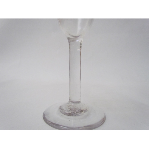 7487 - Two wine glasses one with cut glass band to rim, 16cm tall. A similar example with cut glass stem, 1... 