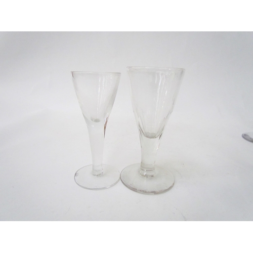 7487 - Two wine glasses one with cut glass band to rim, 16cm tall. A similar example with cut glass stem, 1... 