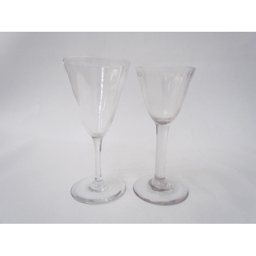 7487 - Two wine glasses one with cut glass band to rim, 16cm tall. A similar example with cut glass stem, 1... 