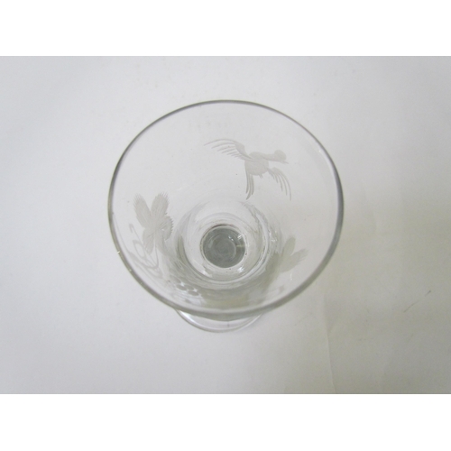 7489 - A cordial glass, the bucket bowl engraved with fruit vine and exotic bird, folded foot, 15cm tall, c... 