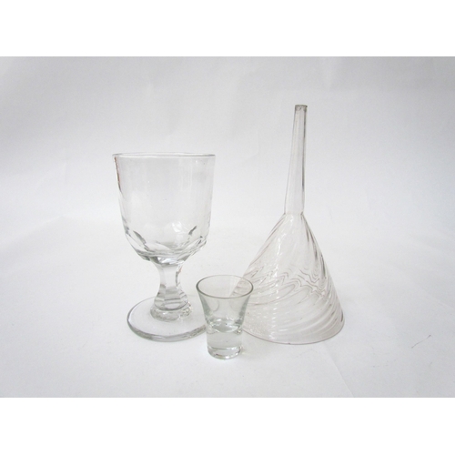 7496 - A Georgian wine funnel, 15cm tall. A shot glass, 4.5cm tall. A wine glass, the rounded bowl blade cu... 