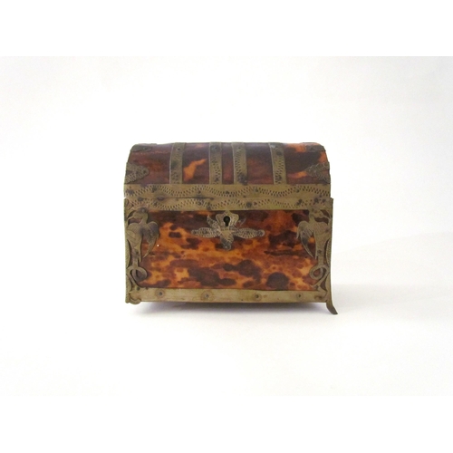 7514 - A 19th Century tortoiseshell dome top metal bound casket, 14cm x 12cm x 8cm, one foot missing