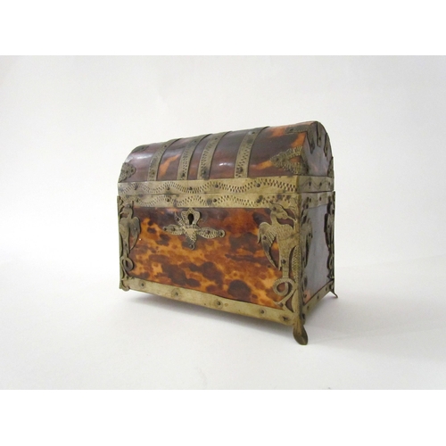 7514 - A 19th Century tortoiseshell dome top metal bound casket, 14cm x 12cm x 8cm, one foot missing