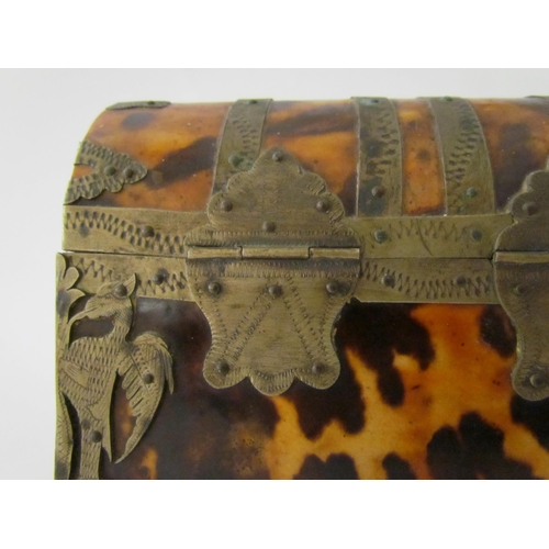 7514 - A 19th Century tortoiseshell dome top metal bound casket, 14cm x 12cm x 8cm, one foot missing