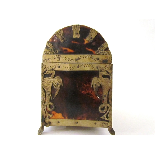 7514 - A 19th Century tortoiseshell dome top metal bound casket, 14cm x 12cm x 8cm, one foot missing