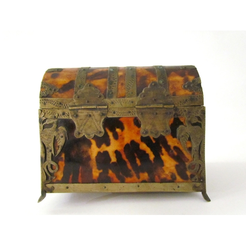 7514 - A 19th Century tortoiseshell dome top metal bound casket, 14cm x 12cm x 8cm, one foot missing