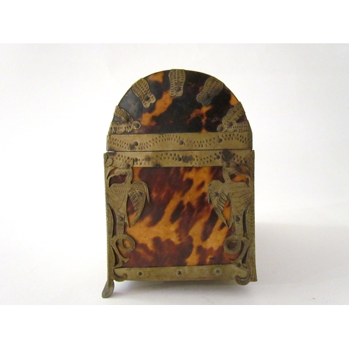 7514 - A 19th Century tortoiseshell dome top metal bound casket, 14cm x 12cm x 8cm, one foot missing